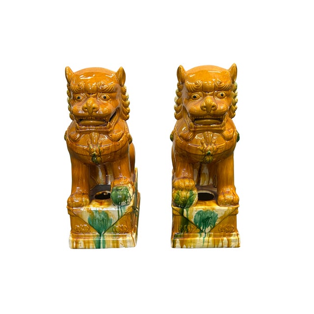 Ceramic Pair Chinese Tri-Color Mustard Yellow Glaze Fengshui Lions Foo Dogs For Sale - Image 7 of 15