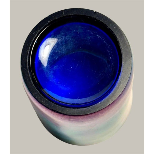 Blue Small Antique Highly Iridescent Art Nouveau Glass Vase W/ Enameled Floral Decor For Sale - Image 8 of 8