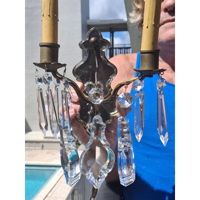 Bronze C1900 French Louis XV Bronze Mirror Back Thick Crystal Pendalogue Sconces Signed Ef Caldwell a - Pair For Sale - Image 8 of 18