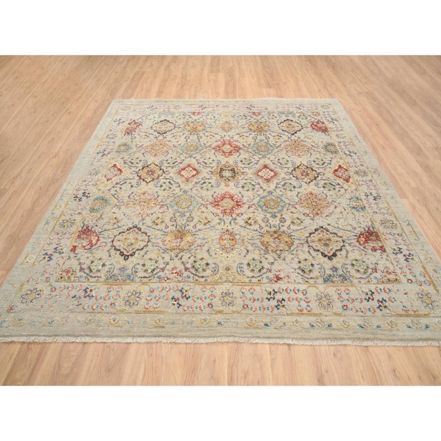 Beige, the Sunset Rosettes With Soft Colors, Wool and Pure Silk, Hand Knotted, Square Oriental Rug For Sale In New York - Image 6 of 12