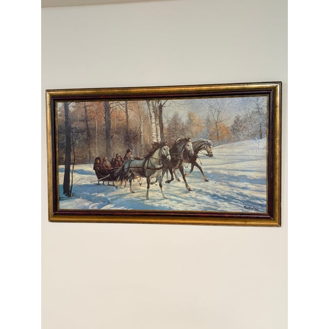 American Vintage Winter Sleigh Ride Oil Painting Signed Sobotka – Professionally Framed in Italian Frame For Sale - Image 3 of 13