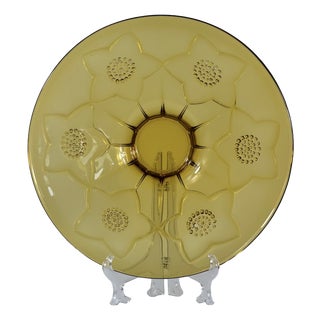 Large Art Deco Revival Amber Glass Floral Centerpiece Bowl, 1960s For Sale