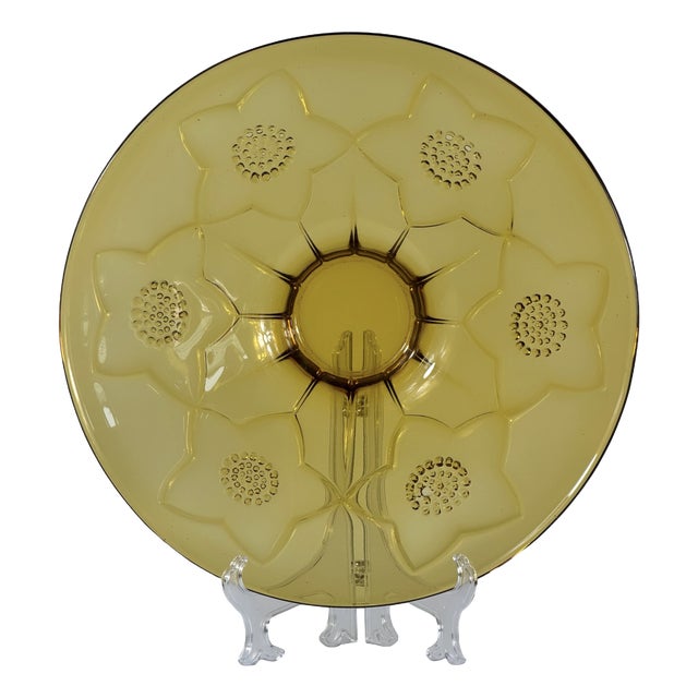 Large Art Deco Revival Amber Glass Floral Centerpiece Bowl, 1960s For Sale