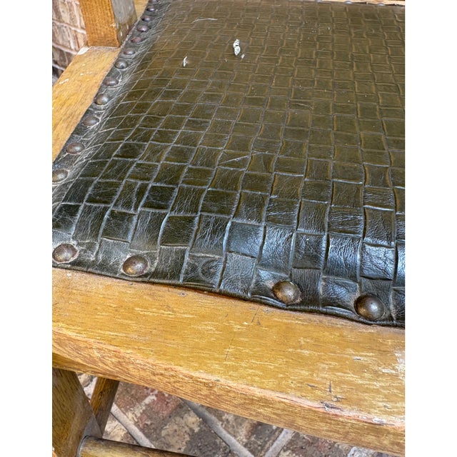 Wood Antique American Oak Armchair With Embossed Leather Seat, Circa 1910s–1920s For Sale - Image 7 of 11