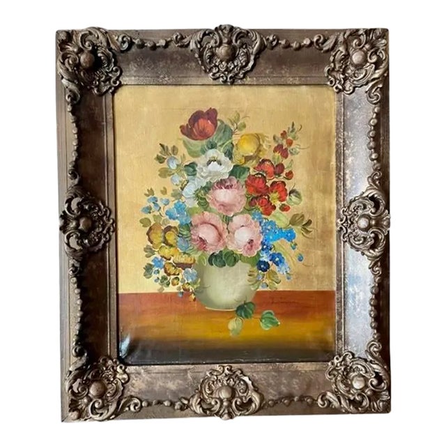 Mid 20th Century Floral Still Life Oil Painting with Carved Wood Frame For Sale