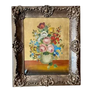 Mid 20th Century Floral Still Life Oil Painting with Carved Wood Frame