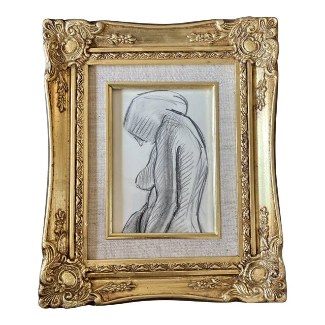 1940’s Original Art Deco Female Nude Charcoal Study Drawing Ornate French Style Frame For Sale