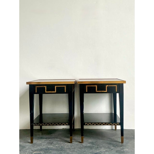 Vintage Regency Greek Key Brass Trim Side Tables - A Pair For Sale - Image 10 of 11