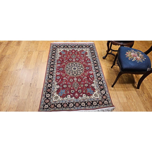 1900 - 1909 Vintage Persian Tabriz Area Rug, Hand-Knotted Wool & Silk, Floral Pattern, Pomegranate-Red & Navy, 3x5 For Sale - Image 5 of 18