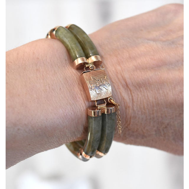 Late 20th Century 14k Gold Green Jade Link Bracelet Good Fortune 7 1/8" Long For Sale - Image 15 of 18