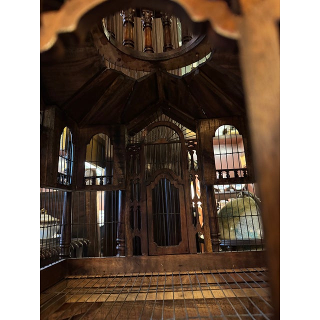 Wood Antique Handcrafted Walnut Cathedral Bird Cage With Architectural Spire For Sale - Image 7 of 12