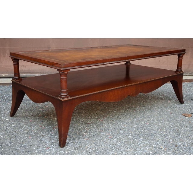 1940s English Regency Style Tooled Leather Inset Mahogany Two-Tier Coffee Table For Sale In Washington DC - Image 6 of 15
