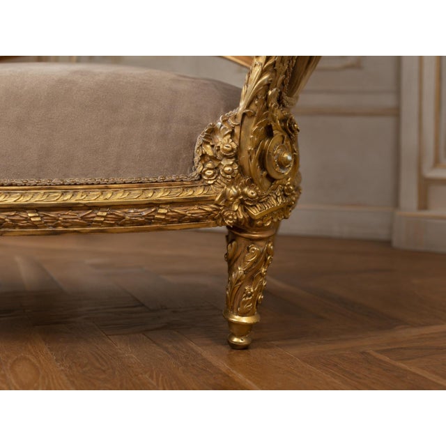 1900 French Louis XVI Gilt Beech Velvet Settee - 1 Pc For Sale - Image 9 of 11