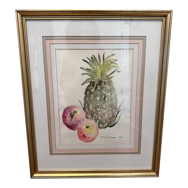 1990s Dorothy Strauser Still Life Pineapple and Peaches Watercolor For Sale
