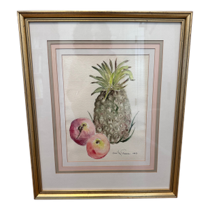 1990s Dorothy Strauser Still Life Pineapple and Peaches Watercolor