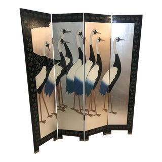 Vintage Asian Motif Lacquered Folding Screen Room Divider With Crane Birds For Sale