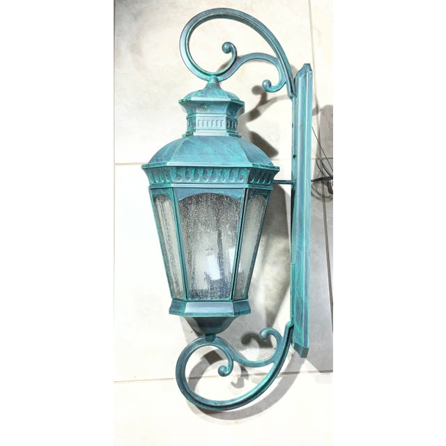 Monumental Coach Style Brass & Bronze Wall Lantern With Verdigris Finish . For Sale - Image 11 of 15