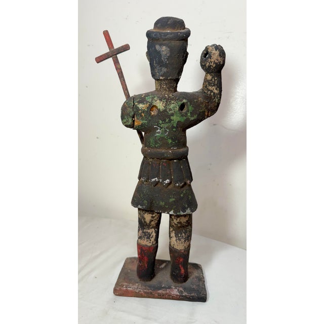 Large Antique 1600's Hand Carved Saint San Miguel Santos Religious Sculpture For Sale - Image 9 of 14
