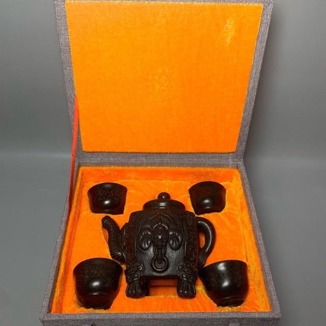 Traditional Late 19th CenturyCarved Faux Horn Elephant Teapot Set With Four Cups and Box For Sale - Image 3 of 9