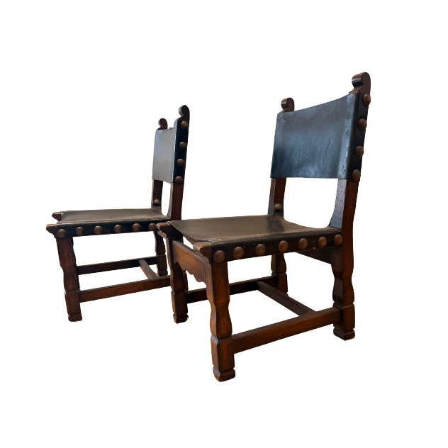 Black Pair of Vintage Spanish Brutalist Leather & Oak Accent Chairs For Sale - Image 8 of 13