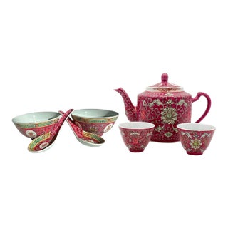 Vintage 1980s Jingdezhen Rose Famille "Mun Shou" Longevity Porcelain Tea & Dining Set for Two - 7 Pieces For Sale