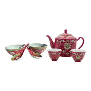 Vintage 1980s Jingdezhen Rose Famille "Mun Shou" Longevity Porcelain Tea & Dining Set for Two - 7 Pieces