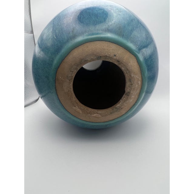 1960s 1960s Handmade Ceramic Blue Green Glazed Sphere Pottery Vase For Sale - Image 5 of 6