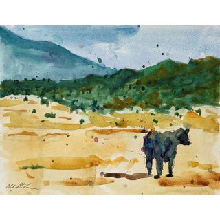 Untitled 4 by Clyde Steadman | Watercolor on paper of a cow in a landscape with hills For Sale