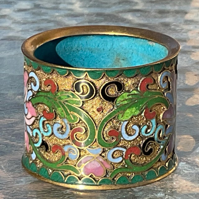 Set of 6 antique Chinese Champleve enamel napkin rings that are heavy, and beautifully made with the shaded enamel in the...