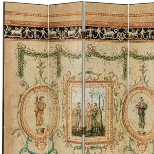 Cream Late 20th Century Hand-Painted Neoclassical 4-Panel Folding Screen – 7 Ft For Sale - Image 8 of 9