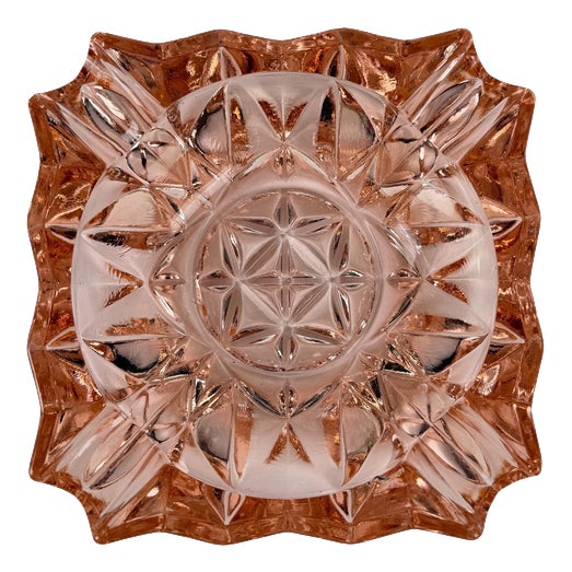 Vintage French Peach-Pink Diamond-Cut Glass Ashtray, 1950s For Sale