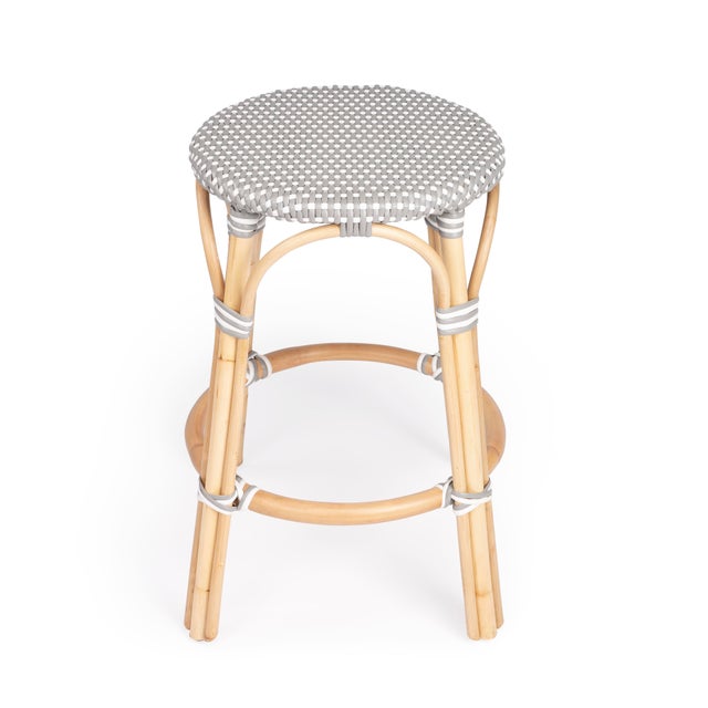 Spritely Home Accent Furniture Tobias 24 in. Seat Height Round Rattan Backless Counter Stool, Gray/White Dot / Natural Rattan Frame For Sale - Image 4 of 8