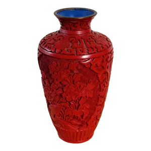 Mid-Century Red Cinnabar Lacquer Vase Depicting Peonies and Chinoiserie