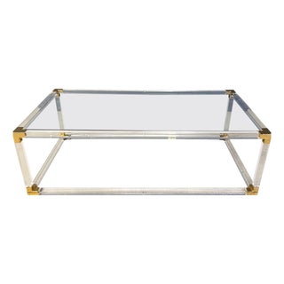 Vintage Brass and Acrylic Glass Coffee Table attributed to Charles Hollis Jones, 1970s For Sale