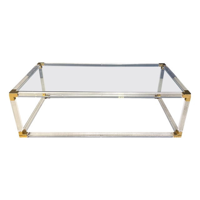 Vintage Brass and Acrylic Glass Coffee Table attributed to Charles Hollis Jones, 1970s For Sale