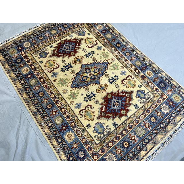 Art Deco Ivory and Blue Kazak Wool Area Rug With Tribal Medallions, 4'10" X 6'7" For Sale - Image 3 of 15