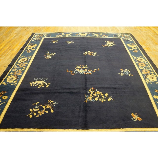 1920s Floral Chinese Square Peking Antique Navy Blue Allover Knotted Wool Rug For Sale - Image 4 of 10