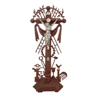 20th Century Folk Art Handmade Tramp Art Crucifix, 1890s For Sale