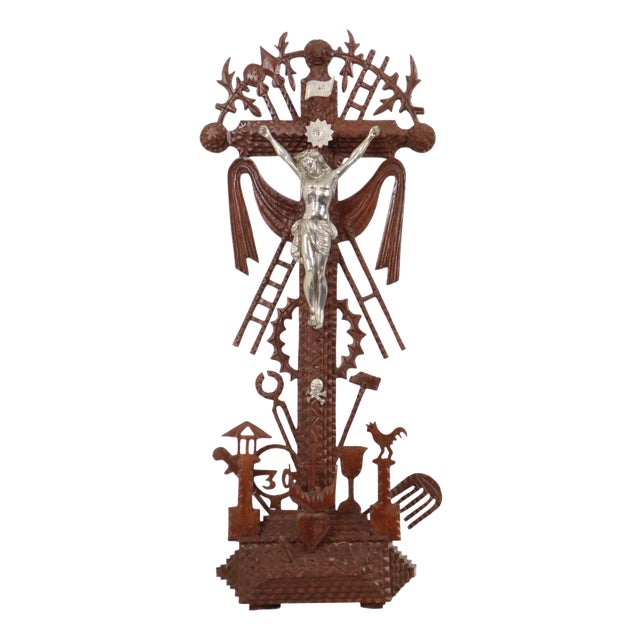 20th Century Folk Art Handmade Tramp Art Crucifix, 1890s For Sale