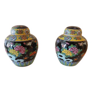 Asian Twin Cloisonne Ginger Pots For Sale