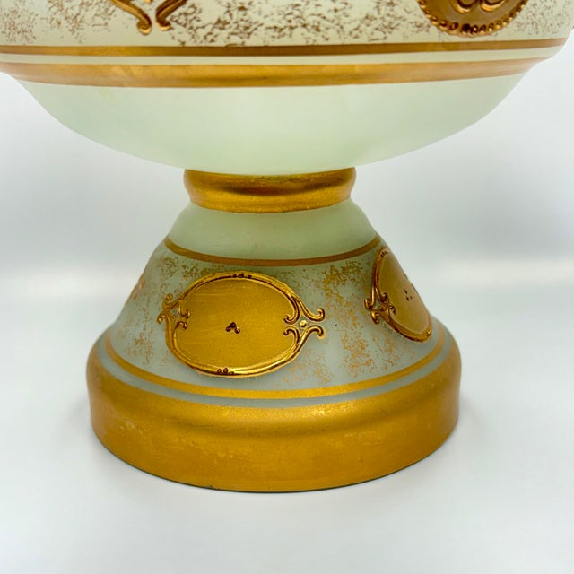 1950s Vintage Imperlux Bohemian Glass Pedestal Fruit Bowl | Satin White Glass W/ 24k Gold Medallion Decorations | Czech Art Glass For Sale - Image 5 of 7