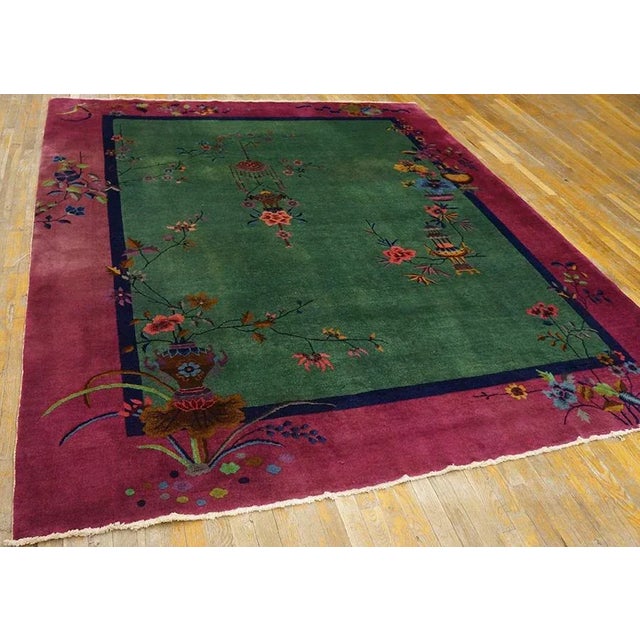 1920s Green Floral Vase Antique Chinese Art Deco Rug 8'0" X 9'4" Handknotted Wool Carpet For Sale - Image 9 of 9