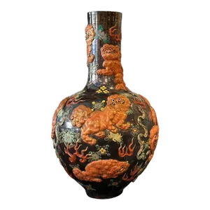 Large Japanese Meiji Era (1868-1912) Vase With Gunmetal Glaze and Mythical Beasts in Orange Relief