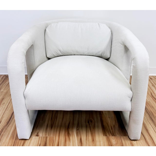 Vintage frame newly upholstered rounded back parsons lounge chair in a rich ivory textured velvet. Expertly crafted piping...