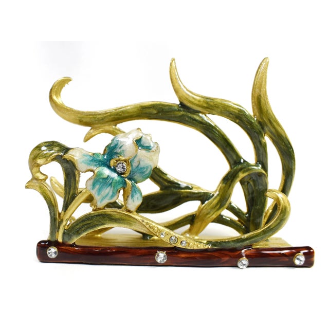 Metal Vintage Enamel Rhinestones Flower Brass Desktop Business Card Holder For Sale - Image 7 of 7