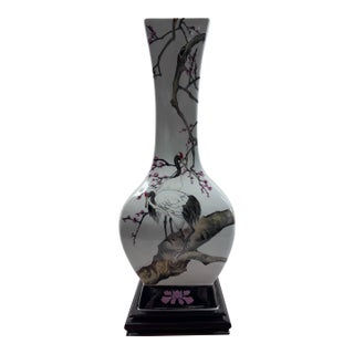 Tall Ming Village Four-Sided Hand-Painted Chinese Porcelain Crane & Blossom Vase, 21" For Sale