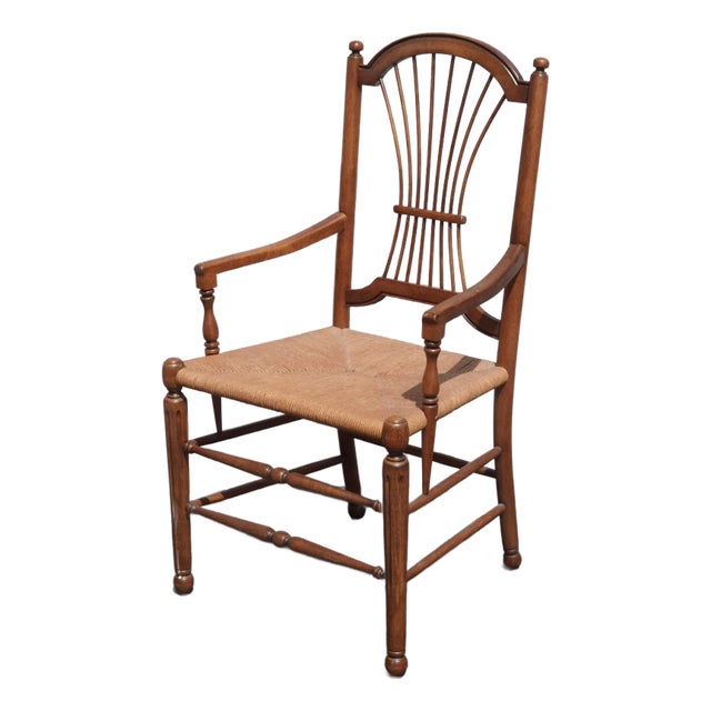 Unique Vintage French Country Oak Rush Seat Arm Chair W Unique Arm Rests For Sale