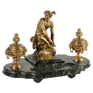Bronze & Marble Inkwell attributed to Jean-Marie Pigaltary, France, 19th Cennury For Sale