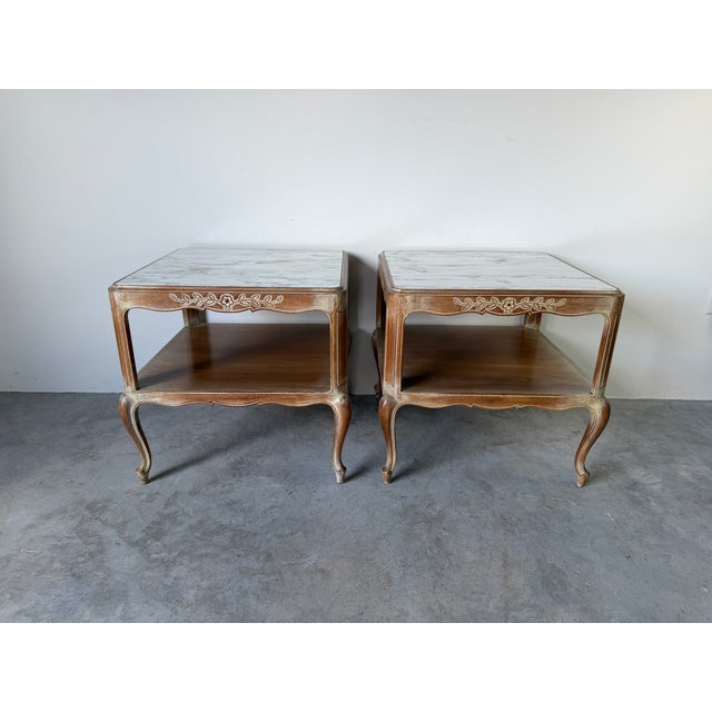 Vintage French Provincial Style Two Tier Marble Top End Tables – A Pair For Sale - Image 4 of 17