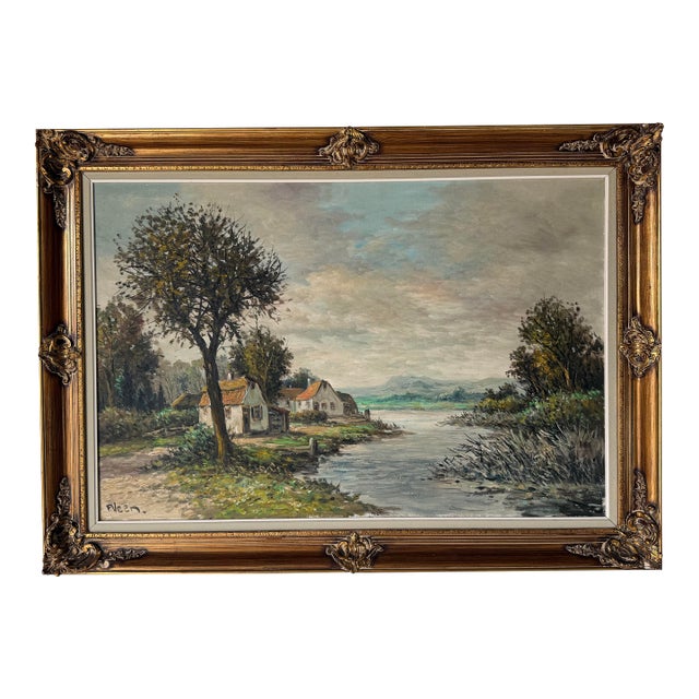 Vintage P. Veen European Countryside River Landscape Oil on Canvas Painting For Sale